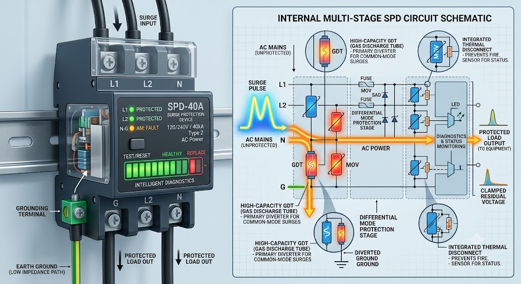 Real multi-stage SPD device and its internal circuit schematic, showing a high-capacity GDT as the primary common-mode diverter, a differential-mode MOV/SAD protection stage, fuses, an integrated thermal disconnect, and diagnostics/status monitoring feeding a protected load output
